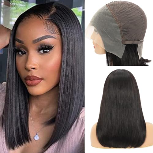 GYAJEP Bob Echthaar-Perücke mit Frontspitze, 13 x 4, vorgezogene Bob-Perücke, 180 % Dichte, gerade Bob-Perücken für schwarze Frauen, natürliche Farbe D von GYAJEP