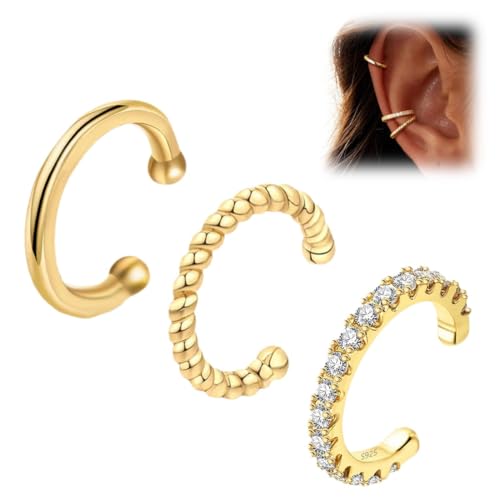 3 Stück Ear Cuff für Damen Ohrmanschette Ohrringe Fake Ohrringe, Hypoallergen Klein Creolen Schlafen Goldene Ohrringe, 14K Gold Earcuffs Fake Helix Knorpel Ohrringe Ohrklemme mit Geschenkbox von GYCAQAC