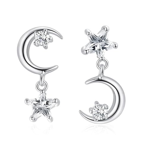 Stern Mond Funkelnde eingelegte Zirkon Ohrringe Asymmetrische Ohrringe Damen Accessoires, Einheitsgröße, Edelstahl, Kein Edelstein, Funkelnde Asymmetrische Zirkonia Ohrringe für Frauen und Mädchen von GYCAQAC