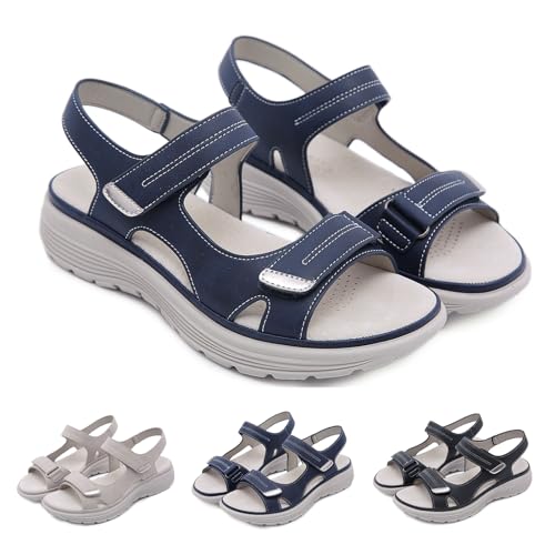 GYCF Damen Pantoletten Sandals,Flach Sandalen Damen Sandalen Plateau Leder Sommer Keilabsatz Sandaletten Bequeme Peep Toe Platform Wedges,Blau,39EU von GYCF