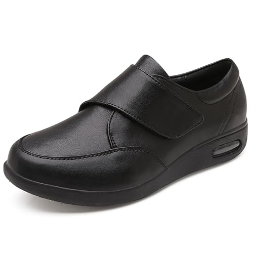 GYCF Diabetiker Orthopädischer Schuhe Extra Breite Schuhe Für Arthritis Ödem Lederschuh Für Geschwollene Breite Und Diabetische Füße,Verstellbare Lederschuhe,Schwarz,44.5EU von GYCF