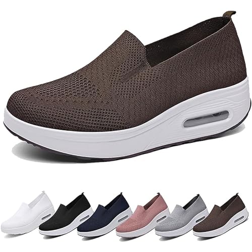 GYCF Orthopädische Sandalen Damen,Luftkissen Slip On Hausschuhe Sneaker,Luftpolster Wanderschuhe,Lässige Mesh Atmungsaktive Turnschuhe,Braun,37EU von GYCF