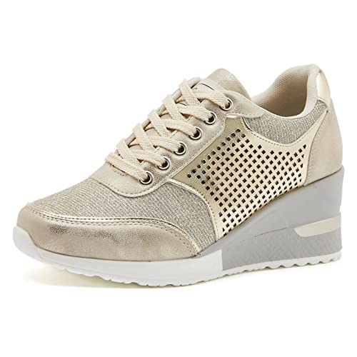 GYCS Plateau Sneaker Mit Keilabsatz für Damen Wedges Keilabsatz Schuhe Sportschuhe Laufschuhe Freizeitschuhe Turnschuhe Straßenschuhe,Gold,39EU von GYCS