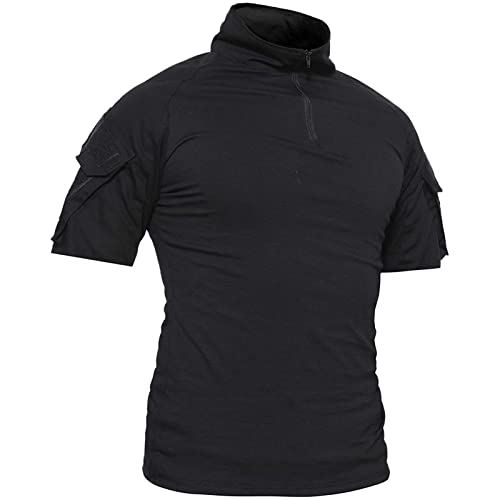 Herren Kurzarm Hemd Taktisch Shirt Militär Armee Outdoor Poloshirt T-Shirt Paintball Combat Shirt Quick Dry Polo Funktionsshirt Mit Reißverschluss (Black,XL) von GYHH
