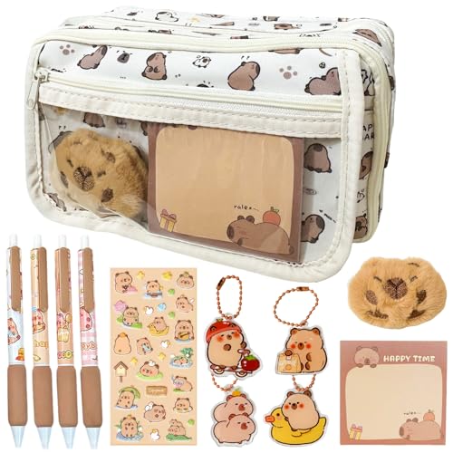 GYHWOFUL Capybara Federmäppchen, Schreibwaren Set mit 4 Capybara Stiften, 4 Schlüsselanhängern, Notizzettel, Aufklebern & Pins, Süßes Capybara Mäppchen Geschenk für Kinder & Schüler von GYHWOFUL