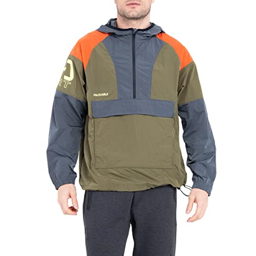 GYM AESTHETICS 2023 Herren Hooded Halber Reißverschluss Packbarer Windbreaker Pullover Jacke, Wasserdicht Leichte Anorak Regenjacke mit Kapuze, Nylon Känguru Taschen Pullover Regenjacke von GYM AESTHETICS