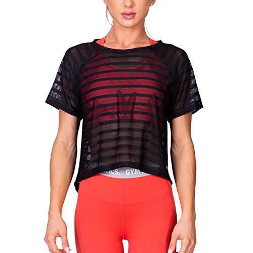 GYM AESTHETICS | Damen Freizeit Mesh-Streifen Fashion T-Shirt atmungsaktiv Geformter Saum Sommer-Look, Für Training und andere Sport in Schwarz (L) von GYM AESTHETICS