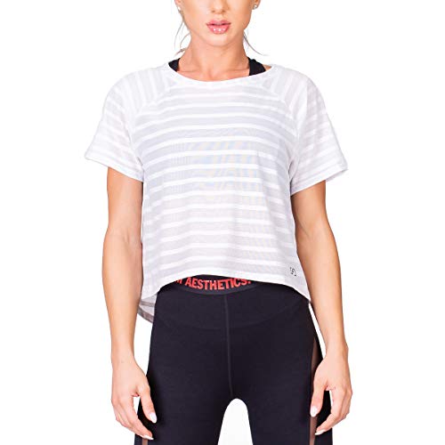 GYM AESTHETICS | Damen Freizeit Mesh-Streifen Fashion T-Shirt atmungsaktiv Geformter Saum Sommer-Look, Für Training und andere Sport in Weiß (L) von GYM AESTHETICS