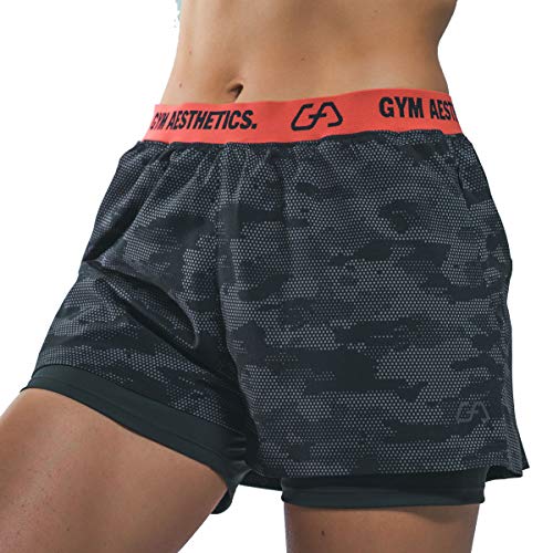 GYM AESTHETICS Frauen 2 in 1 Kurze Laufshorts, Damen Sport Shorts, Outdoor Jogginghose trocknende Sporthosen Training Fitness Shorts mit Taschen von GYM AESTHETICS