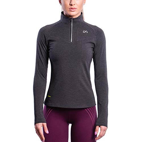 GYM AESTHETICS Damen Winter Funktionsshirt Langarm Raglanärmel Long Sleeve Atmungsaktiv Quickdry 1/2 Zip Stehkragen Slim Fit, Rennen und andere Sport in Melange Holzkohle(XS) von GYM AESTHETICS