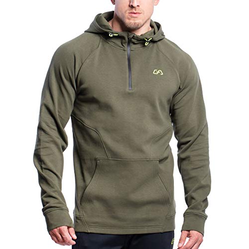 GYM AESTHETICS | Herren Performance Kapuzenpullover Hoodie Atmungsaktiv Muskelbetontes Kapuzenjacke mit Kangeroo Taschen, Fitness und andere Sport in Olive (L) von GYM AESTHETICS