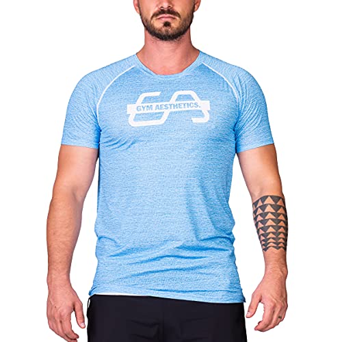 GYM AESTHETICS | Herren Wesentlich Printed Mesh Loose-Fit T-Shirt UV-Schutz Dochtwirkung e Bewegungsfreiheit, Für Training und andere Sport in Melange Blau (L) von GYM AESTHETICS