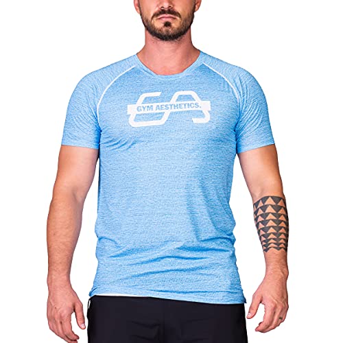 GYM AESTHETICS | Herren Wesentlich Printed Mesh Loose-Fit T-Shirt UV-Schutz Dochtwirkung e Bewegungsfreiheit, Für Training und andere Sport in Melange Blau (M) von GYM AESTHETICS