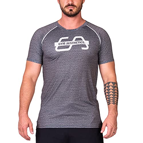 GYM AESTHETICS | Herren Wesentlich Printed Mesh Loose-Fit T-Shirt UV-Schutz Dochtwirkung e Bewegungsfreiheit, Für Training und andere Sport in Melange Holzkohle (XL) von GYM AESTHETICS