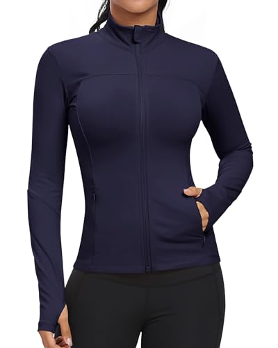 GYM RAINBOW Trainingsjacken für Damen, durchgehender Reißverschluss, schmale Passform, leicht, athletisch, Laufen, Sport, Trainingsjacke mit Taschen, 1-tiefblau, S von GYM RAINBOW