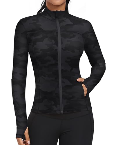 GYM RAINBOW Workout-Jacken für Damen, durchgehender Reißverschluss, schmale Passform, leicht, athletisch, Laufen, Sport, Trainingsjacke mit Taschen, 2-Black Camo, X-Small von GYM RAINBOW