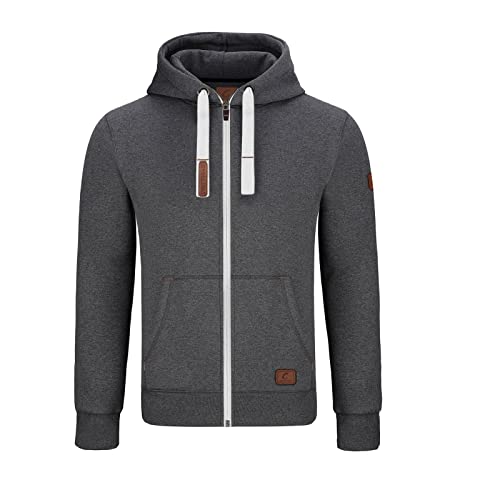 GYMAMBA Warme Sweatjacke Herren mit Lederpatches, Kapuze und durchgängigem Reißverschluss dunkelgrau/weiß von GYMAMBA