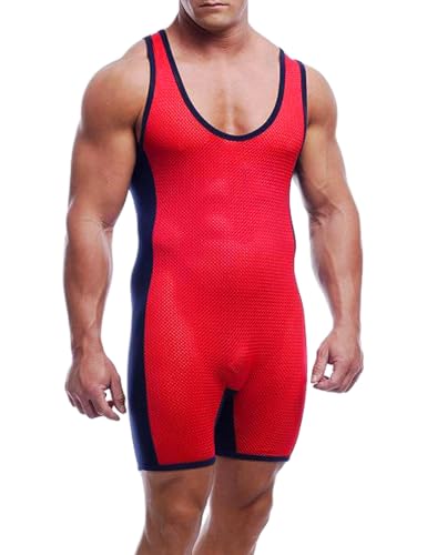 GYMAPE Herren EIN Stück Ringen Singlets Singlet Basic Layer Angeln Atmungsaktive Wrestling Uniform Pyjama für Unterwäsche Rot-Schwarz S von GYMAPE