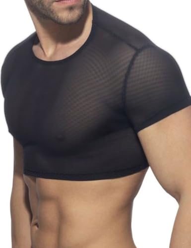 GYMAPE Herren Halb durchsichtig Mesh Crop Tanktop Hemden Slim Fit Schwarz XL von GYMAPE