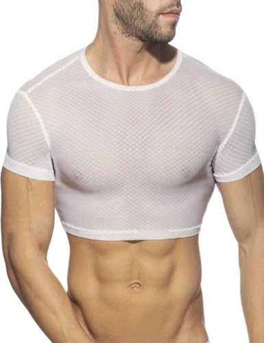 GYMAPE Herren Halb durchsichtig Mesh Crop Tanktop Hemden Slim Fit Weiß XL von GYMAPE