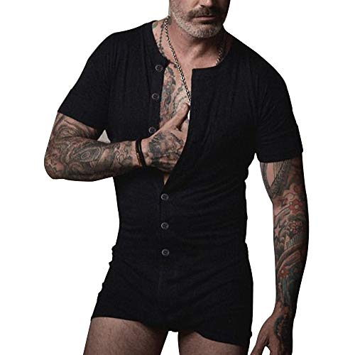 Herren Kurzarm Stranpler Pyjama Henley Overall Stretchy Baumwolle Ramper mit Knöpfen Schwarz M von GYMAPE