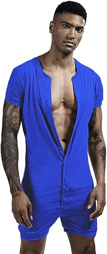 GYMAPE Herren Kurzarm Stranpler Pyjama Henley Overall Stretchy Baumwolle Ramper mit Knöpfen Blau XL von GYMAPE