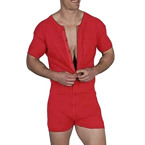 Herren Kurzarm Stranpler Pyjama Henley Overall Stretchy Baumwolle Ramper mit Knöpfen Rot L von GYMAPE
