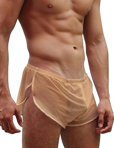 Herren Mesh Shorts mit großen Split Sides Unterwäsche Boxershorts Fishnet Sheer Badehose Color Khaki Size 2XL von GYMAPE