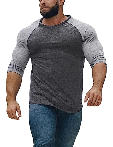 Herren Konisch zulaufend Henley Hemden mit Raglan 3/4 Ärmel Dark grau-Hellgrau L von GYMAPE