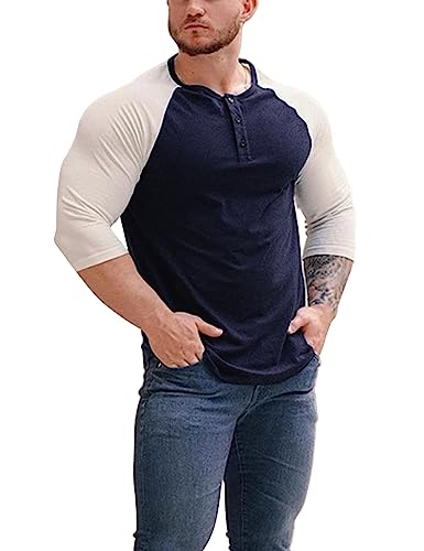 Herren Konisch zulaufend Henley Hemden mit Raglan 3/4 Ärmel Dunkelblau-Weiß XL von GYMAPE