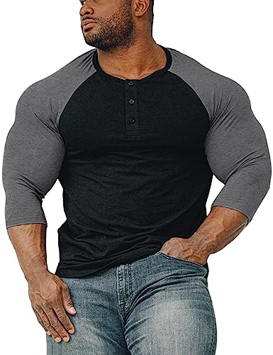 Herren Konisch zulaufend Henley Hemden mit Raglan 3/4 Ärmel Schwarz-Dunkelgrau L von GYMAPE