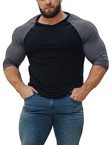 Herren Konisch zulaufend Henley Hemden mit Raglan 3/4 Ärmel Schwarz-Dunkelgrau M von GYMAPE