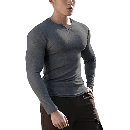 Herren Reine Baumwolle Schlanke Passform Freizeit V-Ausschnitt Basic T-Shirt Dunkelgrau XL von GYMAPE