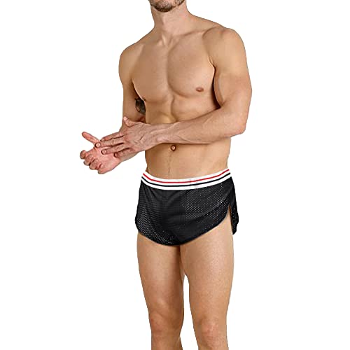 GYMAPE Herren Mesh Shorts mit großen Split Sides Unterwäsche Boxershorts Fishnet Sheer Badehose Color Black Size L von GYMAPE