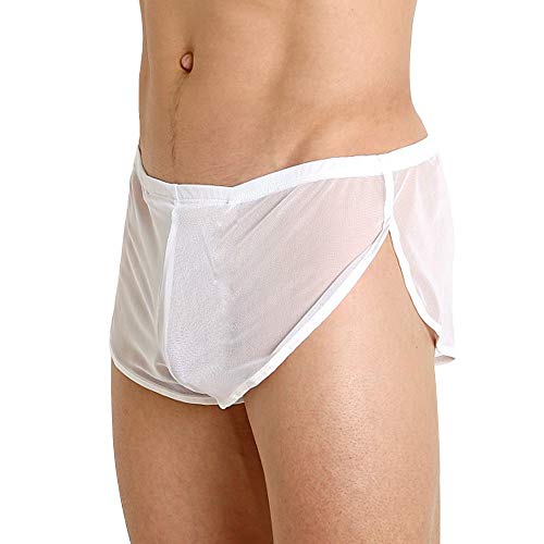 Herren Mesh Shorts mit großen Split Sides Unterwäsche Boxershorts Fishnet Sheer Badehose White 2XL von GYMAPE