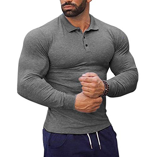 Herren Poloshirt Langarm Sport Golf T-Shirt Muskel Passform Farbe Dunkelgrau L von GYMAPE