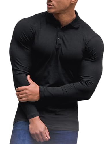 Herren Poloshirt Langarm Sport Golf T-Shirt Muskel Passform Farbe Schwarz S von GYMAPE