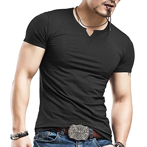 Herren Reine Baumwolle Schlanke Passform Freizeit V-Ausschnitt Basic T-Shirt 2307Schwarz XL von GYMAPE