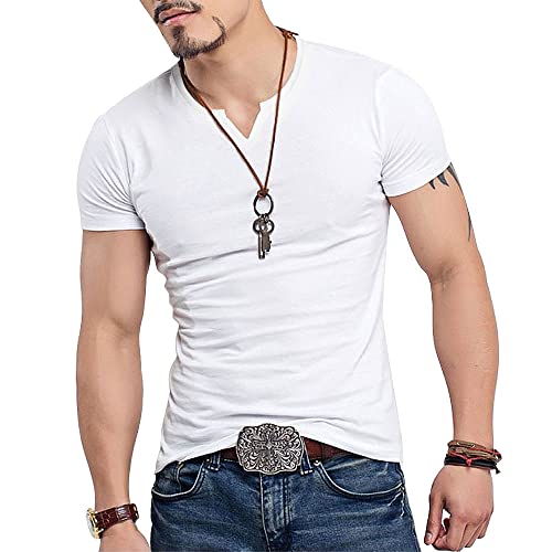 Herren Reine Baumwolle Schlanke Passform Freizeit V-Ausschnitt Basic T-Shirt 2307Weiß XL von GYMAPE