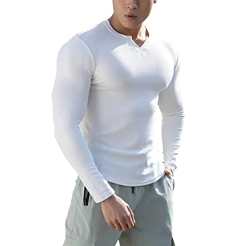 Herren Reine Baumwolle Schlanke Passform Freizeit V-Ausschnitt Basic T-Shirt Weiß S von GYMAPE