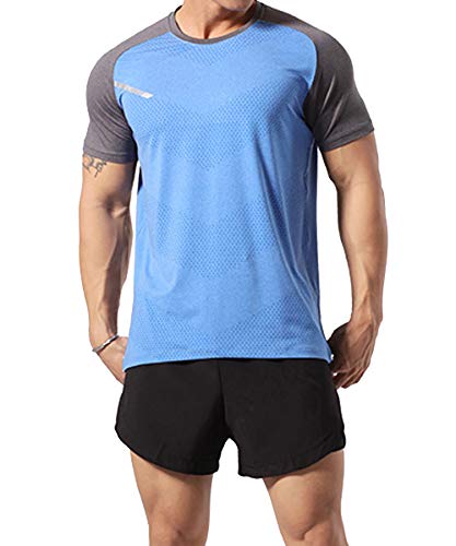 Herren Sportlich Trainieren T-Shirt Atmungsaktive Bequeme Muskellaufhemden Ausbildung Schnelltrocknend Fitnessstudio Aktive Kleidung Blau L von GYMAPE
