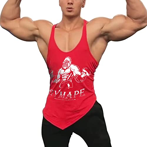 Herren Y-Back Bodybuilding Trainieren Stringer Tanktops Muskel Ärmellose T-Shirts mit schrägem Saum Rot M von GYMAPE