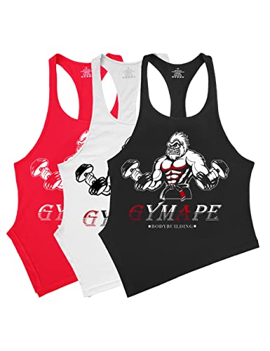 Herren Y-Back Bodybuilding Trainieren Stringer Tanktops Muskel Ärmellose T-Shirts mit schrägem Saum Schwarz+Weiß+Rot S von GYMAPE
