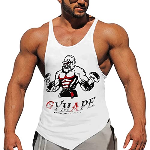 Herren Y-Back Bodybuilding Trainieren Stringer Tanktops Muskel Ärmellose T-Shirts mit schrägem Saum Weiß L von GYMAPE