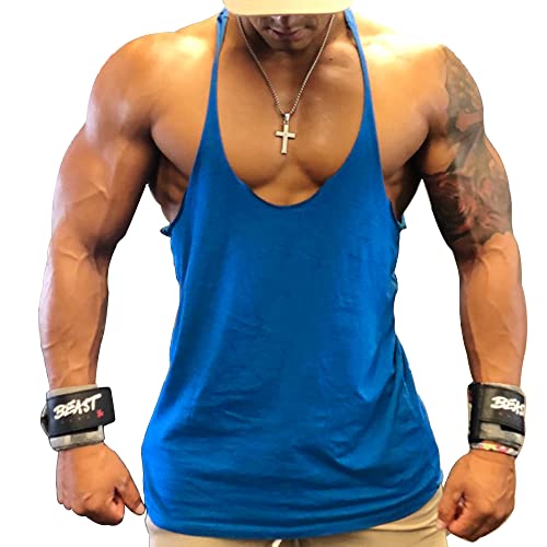 Stringer-Unterhemd für Fitness für Herren Dehnbares Bodybuilding-Trainings-Top reine Baumwolle, blau, Medium von GYMAPE