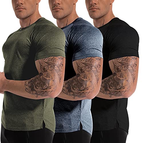 Herren 3er-Pack Dry Fit Workout Gym Kurzarm T-Shirt Feuchtigkeitstransport Active Athletic Performance Laufshirts, 3er-Pack: Schwarz + Melange Dunkelgrau + Melange Armeegrün, L von GYMELITE