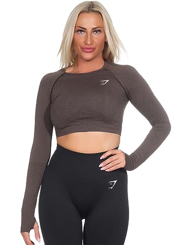 GYMSHARK Damen Vital Seamless 2.0 Long Sleeve Crop Top Farbe: Dunkelbraun Meliert; Größe: M von GYMSHARK