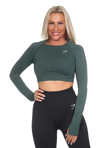 GYMSHARK Damen Vital Seamless 2.0 Long Sleeve Crop Top Farbe: Dunkelgrün Meliert; Größe: L von GYMSHARK