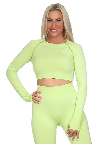 GYMSHARK Damen Vital Seamless 2.0 Long Sleeve Crop Top Farbe: Neongelb Meliert; Größe: S von GYMSHARK