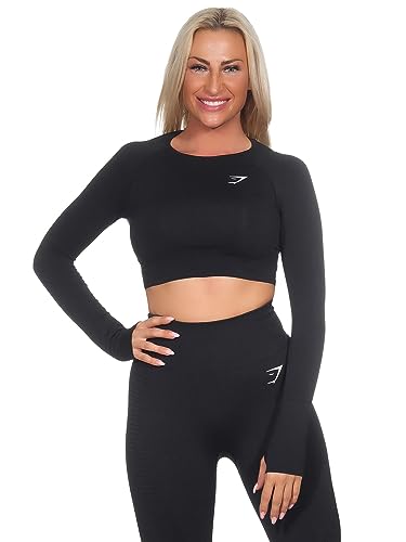 GYMSHARK Damen Vital Seamless 2.0 Long Sleeve Crop Top Farbe: Schwarz Meliert; Größe: M von GYMSHARK